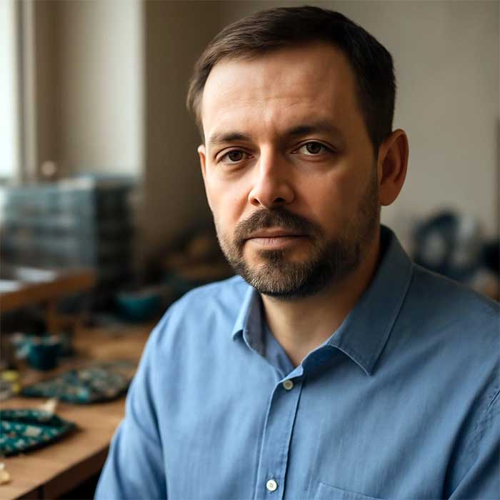 Дмитрий Ковалёв — портрет автора статьи, мужчина средних лет в лабораторной обстановке с электронными компонентами